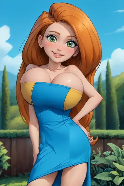 (masterpiece, best quality:1.3), 1girl, looking at viewer, kimberly ann possible, smile, lips, contrapposto, collarbone, bare shoulders, (((huge overflowing breasts))), blush, colored skin, orange hair, long hair, absurdly long hair, green eyes, strap blue...