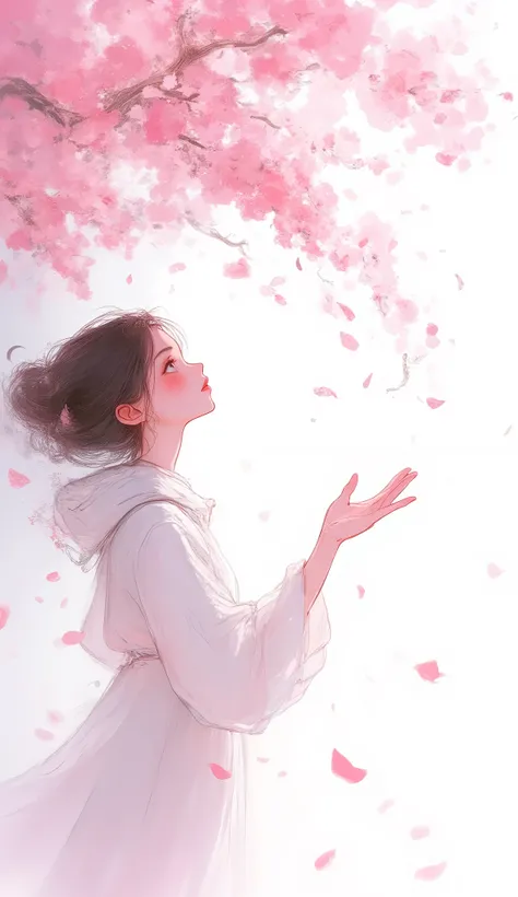 (masterpiece:1.2, high quality ,Mirror Finish , Movie Experience , best illustrations :2.0, very detailed ),8k,16k, illustration,vector art,(has a white background),A young woman is reaching out to the cherry blossoms in a space where cherry blossoms are...
