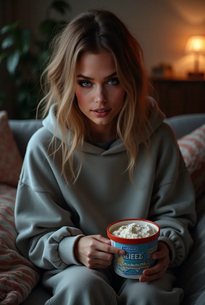 AI Image Prompt: Maia in Casual Clothes on the Sofa with Hood Up

Setting:  
[Dimly lit room with soft lighting, cozy sofa with scattered cushions and blankets] (weighting: 1.0)

Character Description:  
[Maia, with **34D bust size**, sitting on the sofa i...