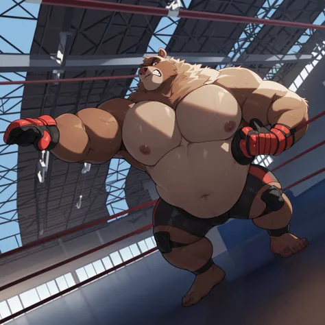 Solo, 1boy, Muscular Old, angry, focus, look at viewer, wide shoulder, pectoral, thick arms, huge pectoral, wide pectoral, height: 220cm, weight: 440lbs, a Kodiak brown bear in a black MMA shorts with red stripes and slits, wearing an MMA gloves with red k...