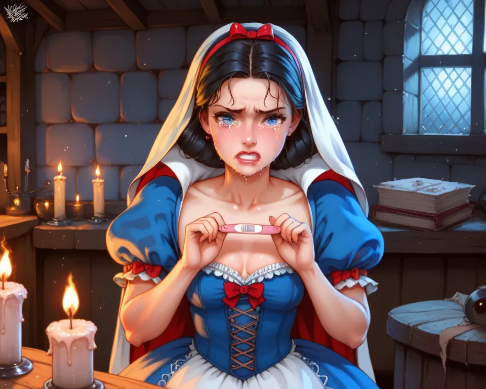 Snow White and the Seven Dwarfs Disney, Snow White young woman with magnificent neckline and little short skirt, is very in tears a positive pregnancy test because during her sleep  all the dwarves around her bed of rape during her sleep, ultra HDR image, ...