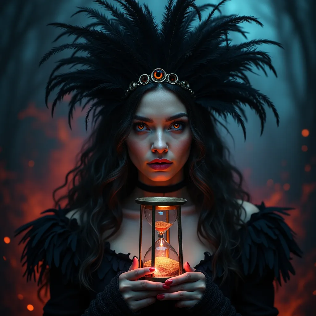 "A mysterious woman with a crown of black feathers and eyes like twin eclipses—dark with a ring of gold. Her smirk is sharp, her hands clasped around a broken hourglass spilling sand, framed by a swirling vortex of midnight blue and deep red.