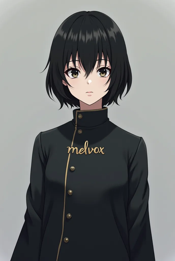 kind, but a serious anime character with black hair on a grey background,  and the inscription  "Melvox"