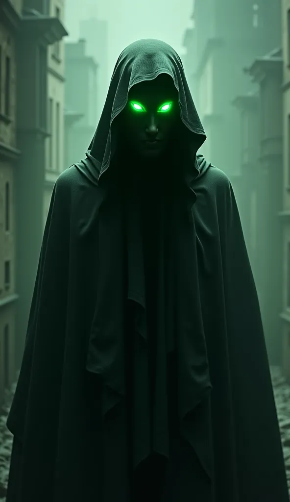 A person covered his face by clothes and his eyes give green colours power 