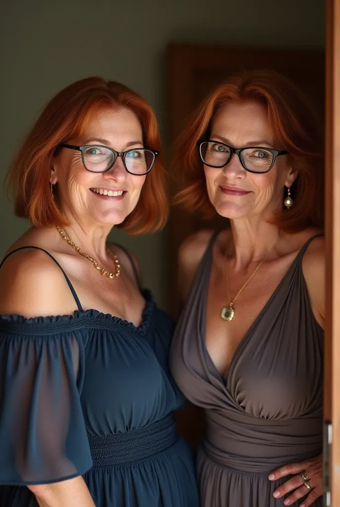 2 mature women, 60 years old, older woman appearance, medium casual hair, bob hair, Chubby bodies, voluminous, wearing glasses, hot, facing the camera, standing in a doorway for bedroom, Looking at camera, red hair, Bare shoulders, Brown eyes, jewelry, a n...