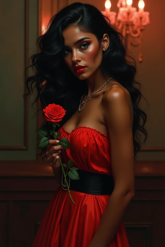 Dark-skinned woman, wearing a round red and black dress,  big wavy hair in the color black, with a red rose in the hand, In front of a cabaret 