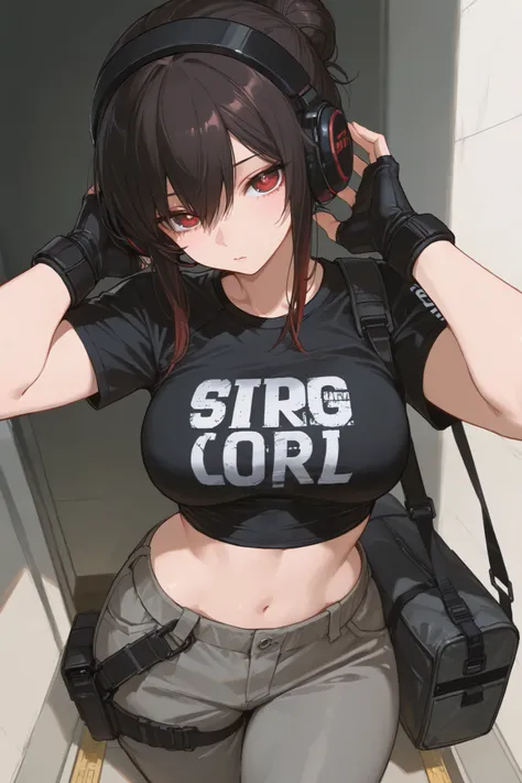 ((best quality)), ((masterpiece)), 1girl, dark hair, single hair bun, cute red eyes, elegant look, beatiful hands, detailed pupils, detailed eyes, curvy body, medium breast, perspective, black headphones, black printed tshirt, grey cargo trouser, black and...