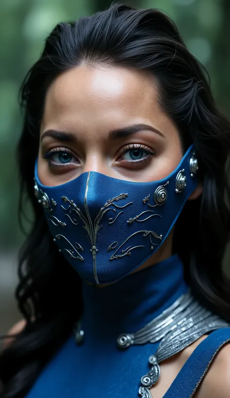 Hyper-realistic photographic style.  Gal Gadot as Kitana . Close-up do rosto. Extremely realistic blue mask and silver details. flawless skin texture. Bottom: dense forest,  Greg Rutkowski style . dramatic lighting. 8k.


