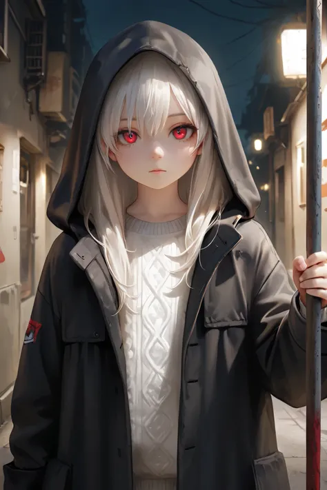 masterpiece, best quality, detailed eyes, semi realistic, 8k, girl, cute, small, sister, pure, young face, oversized black hood coat, black jean, white sweater, short long white gray hair, red eye, midnight city, solo character. looking at viewer, wearing ...