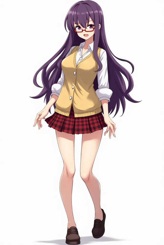 Draw a tall adult woman with an angry face,  who has large breasts , with long loose purple hair with a plaid mini skirt and a white shirt with a yellow wool vest on WITHOUT buttons( Like in a Japanese school uniform), shoes and glasses, I also want her to...