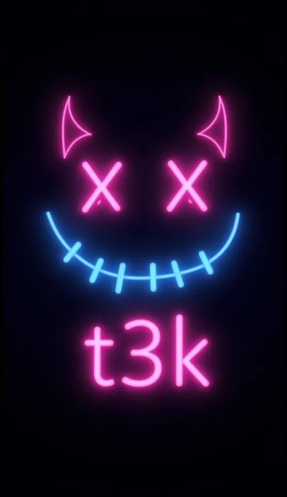 Create an image on which there is a neon smile with "x" as eyes, bez obrysu twarzy. It is supposed to be as the emote of the devil. And under it the inscription centered "t3k ". Everything is to be on a black background, and neon in blue and pink. so half ...