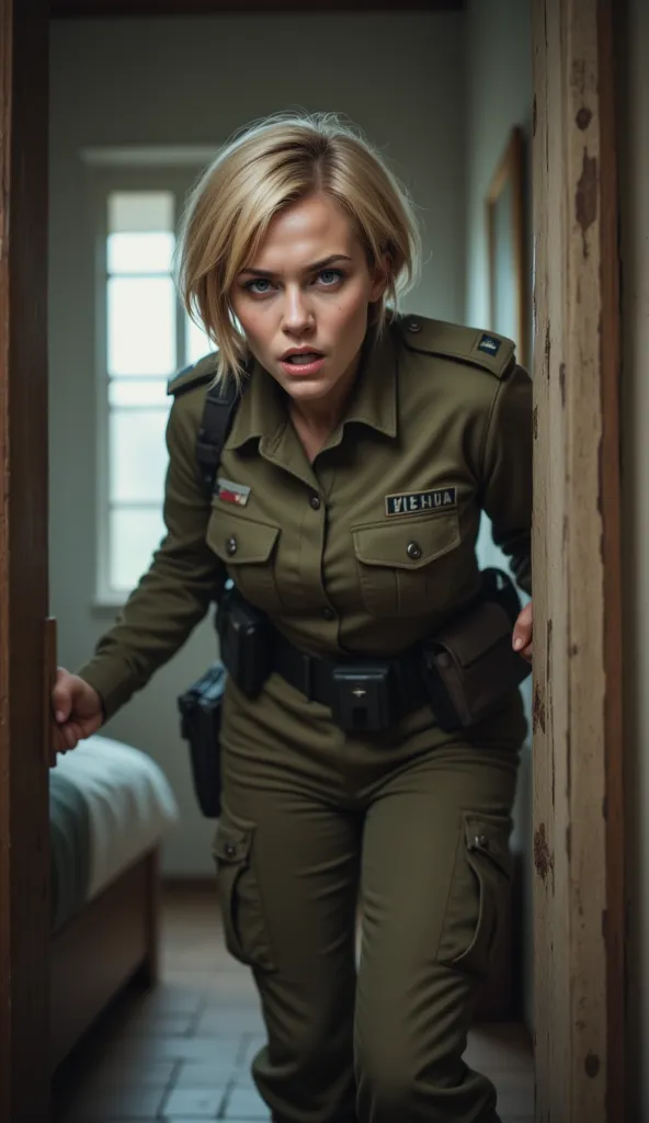 high resolution, masterpiece, photo realistic, surrealism, (a female soldier with blonde short hair, blue eyes, indomitable look, wearing military uniform) is entering a bedroom of a stronghold with intensely furious expression.