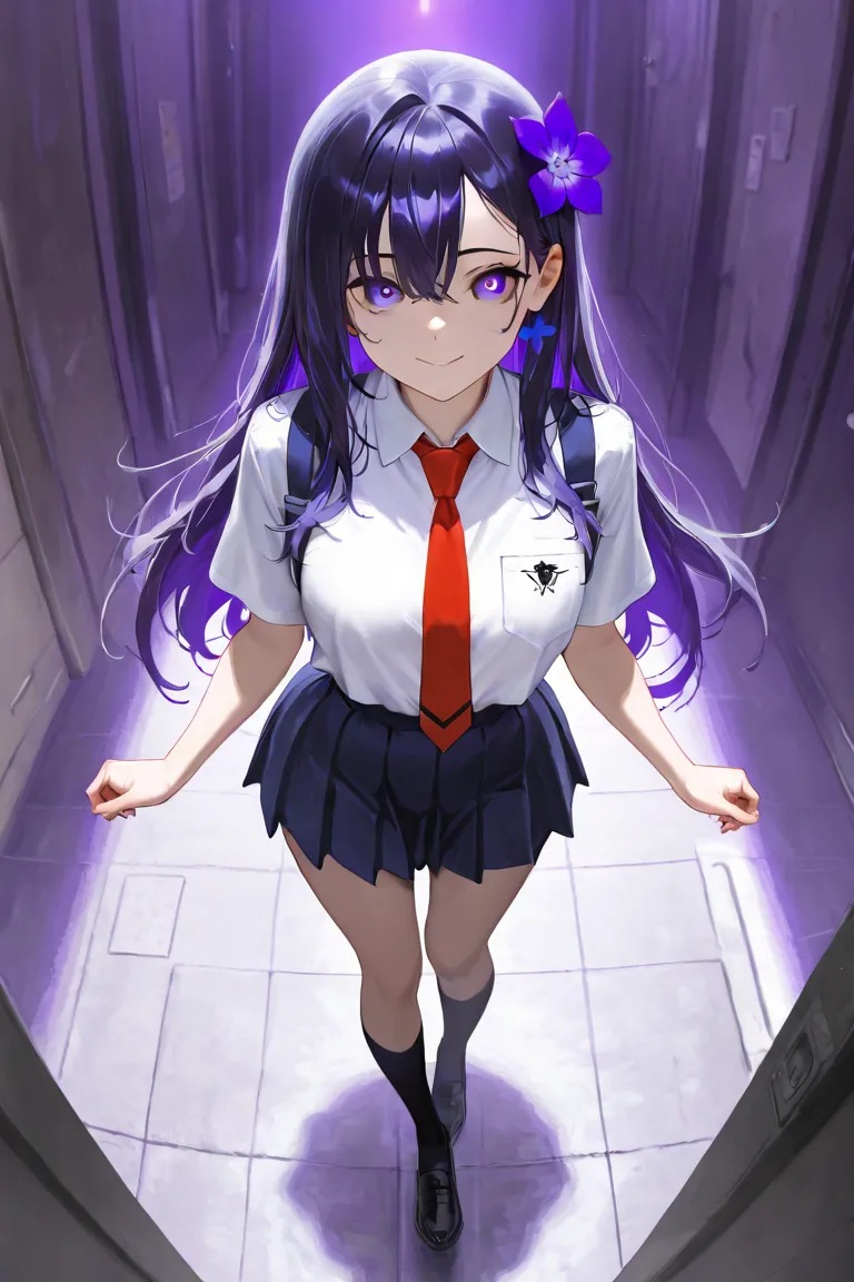 masterpiece , best quality , incredible quality , absurd res,  1girl  ,full body image, 18 years old, white-skinned, Very greeted dark violet hair, Your eyes are indigo color, violet flower ornament on your hair, her uniform is dark blue gray, with a WHITE...