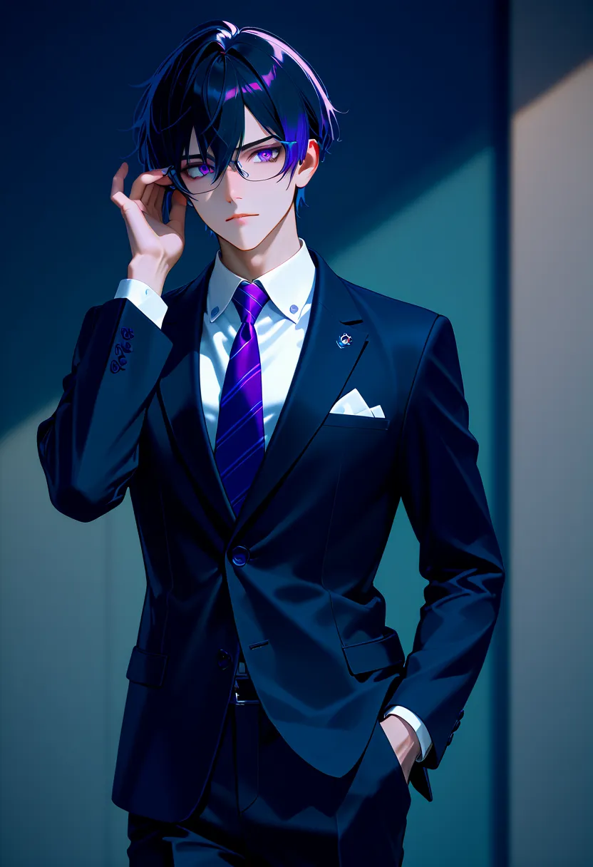 1 man, black hair with blue and purple highlights, purple eyes, wearing glasses, wearing a black suit, cool.