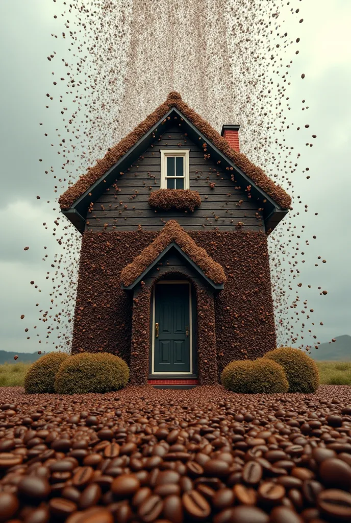 House with rain of coffee beans 