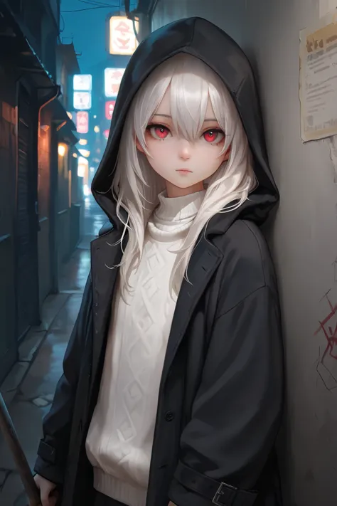 masterpiece, best quality, detailed eyes, semi realistic, 8k, girl, cute, small, sister, pure, young face, oversized black hood coat, black jean, white sweater, short long white gray hair, red eye, midnight city, solo character. looking at viewer, wearing ...