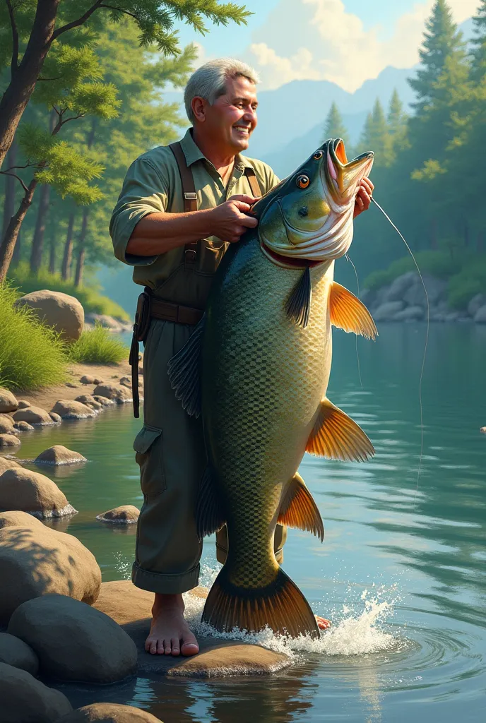 Create an image of my father the one in the photo, Holding a giant grass carp on the edge of a river