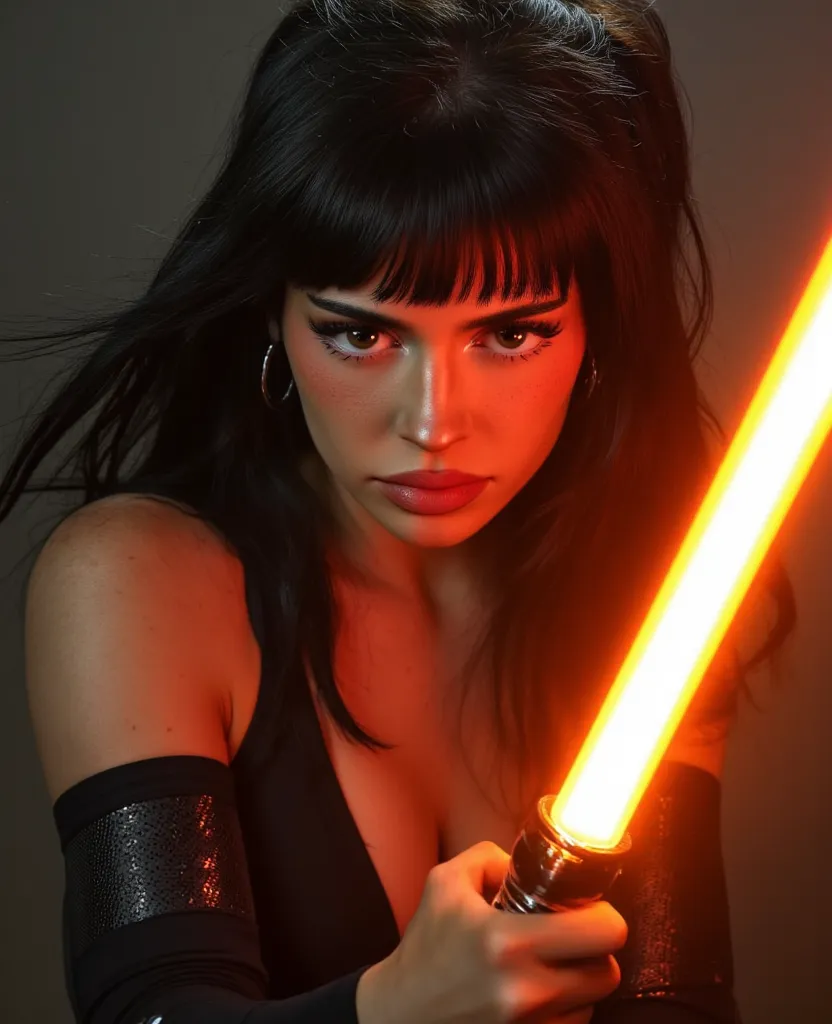 realistic image of a black haired woman, she is holding a orange lightsaber