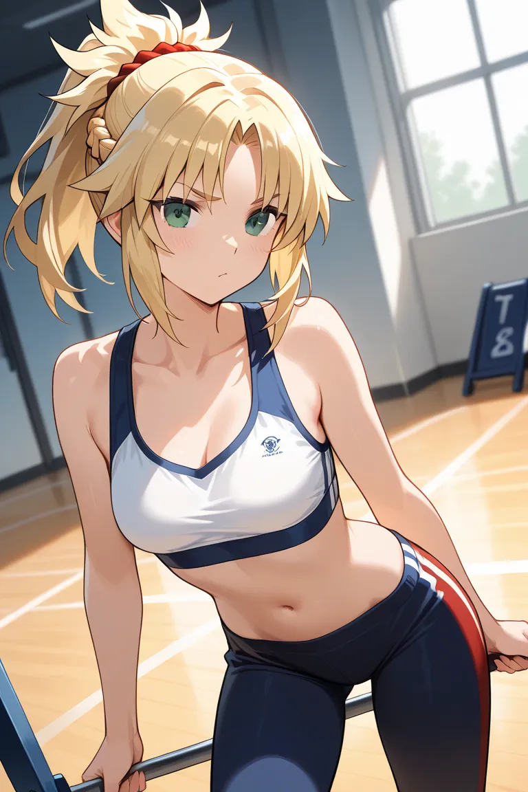 anime girl mordred (fate) blonde in a gym with a weight bar ninja 