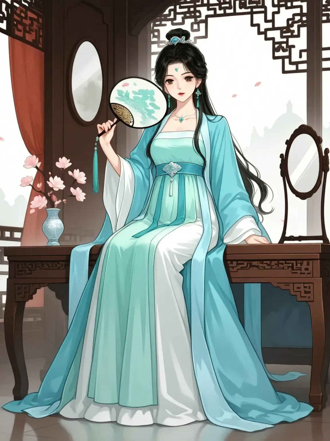 Anime girl sitting at the table，Holding a fan and mirror, palace ，   girl in Hanfu  ,   A beautiful and charming anime woman   ,   beautiful fantasy queen  , Full body fairy