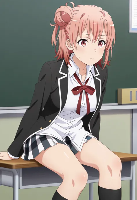 yuigahama_yui,pink hair,short hair,gradient hair,hair bun,pink eyes,single side bun,large breasts,
school uniform,black jacket,white shirt,skirt,red ribbon,black kneehighs,untucked_shirt,