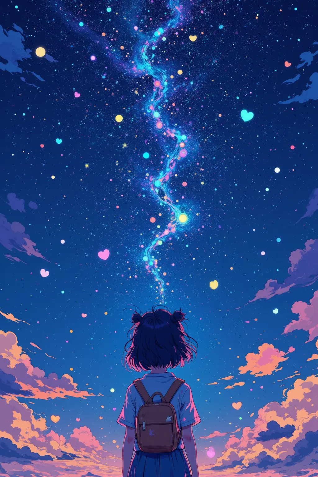 Anime girl watching the night sky with stars and hearts,   Poster Art  ,  Screen Print Poster ,    graphic novel cover art ,    graphic details   ,  Advertisement Art , Poster illustration, Illustrated poster, By Jens Sondergaard ,promotional poster by Nob...