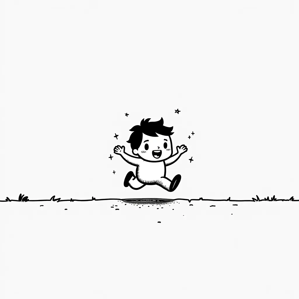 Simple black and white kawaii drawing of a jumping boy, white background with no details