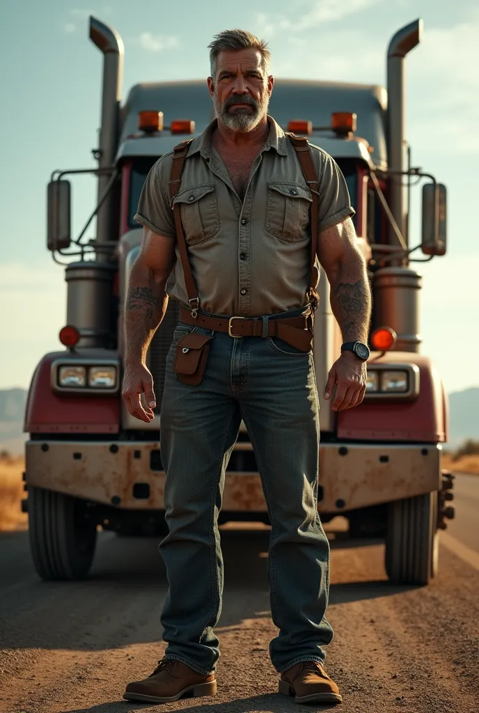 Male trucker standing in front of truck 