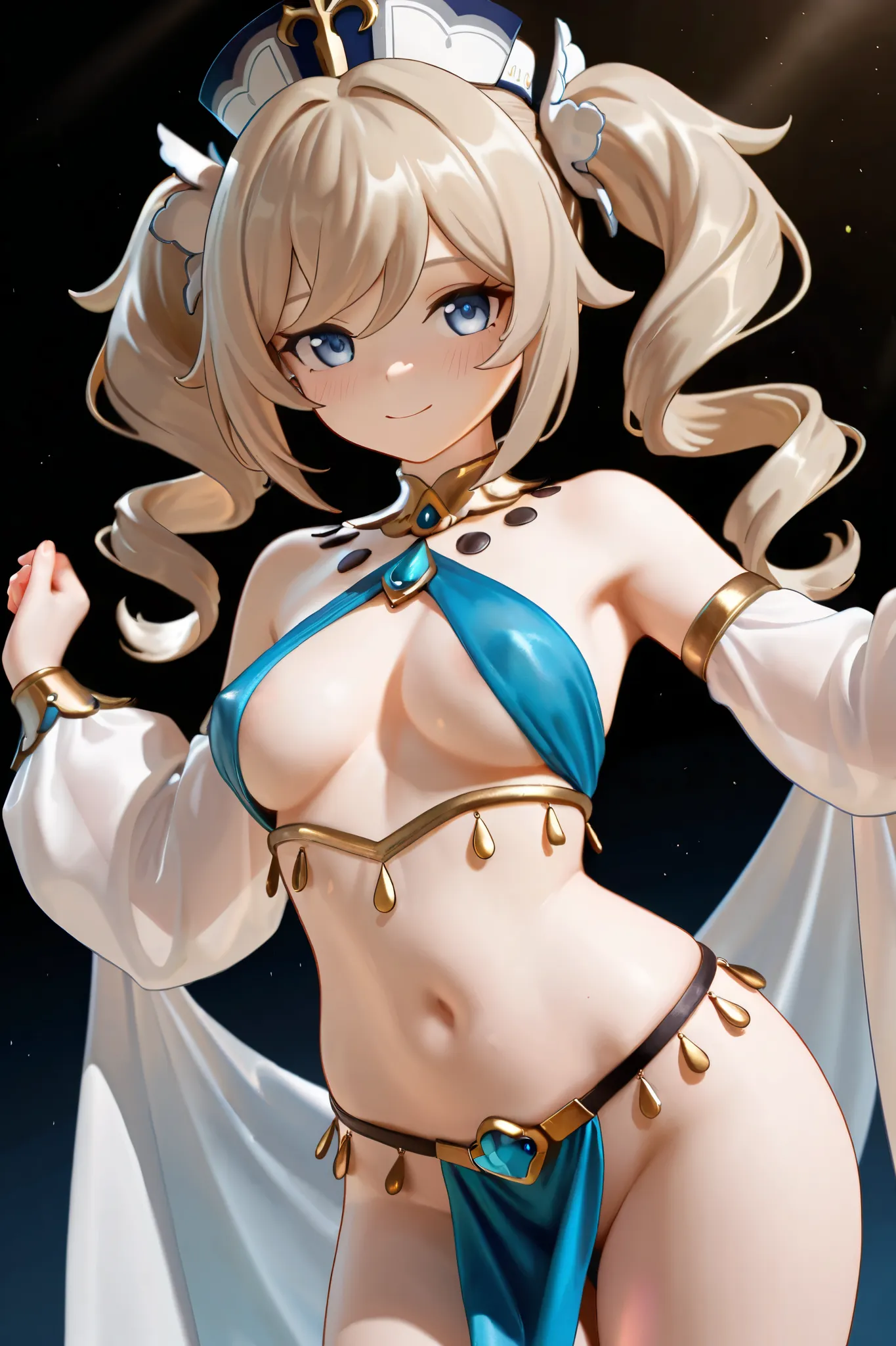 NSFW,masterpiece,top quality,high resolution,very detailed,Barbara( Genshin),twin tails、 Gold、blue eyes、long hair、drill hair、twin drill, dancer, Arabian Outfit,gem