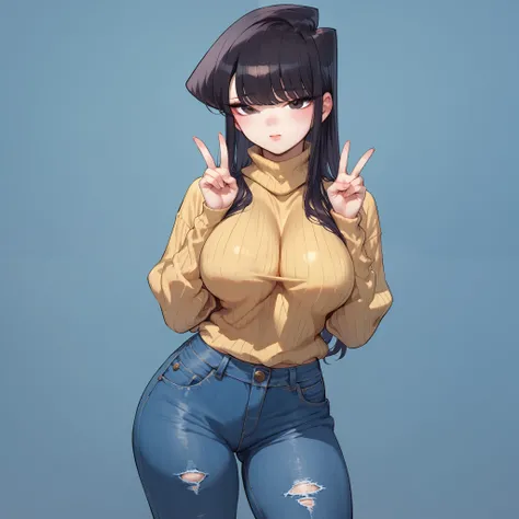 1girl, solo, komi_shouko, black eyes, black hair, long hair, big breasts, wide hips, thick thighs, yellow ribbed turtleneck sweater, skinny jeans, blushed, shy, peace symbol hands, standing, looking at viewer, simple background, from the front view