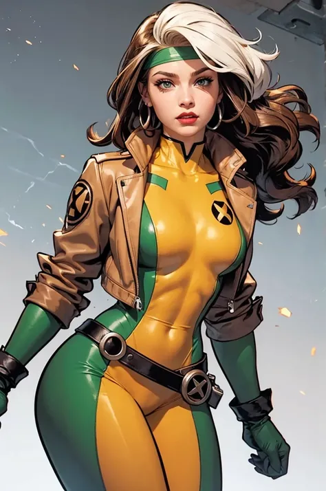 Rogue, a beloved character from Marvel’s X-Men series.

Character Appearance:
Rogue is wearing her classic green and yellow bodysuit, which fits snugly and highlights her strong, athletic physique.
Over her suit, she wears a short brown leather jacket with...