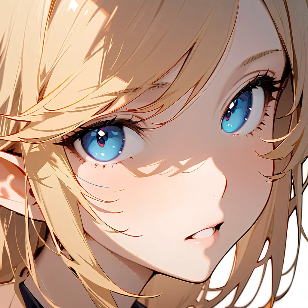 1girl, solo, pointy ears, blonde hair, swept bangs, long hair, blue eyes, parted lips, (simple background,white background),  masterpiece, highres, best quality , absurdres, cinematic, (close up:0.7)