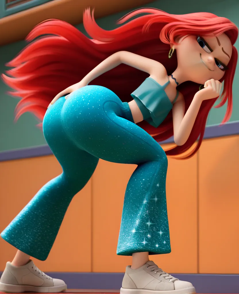 masterpiece, best quality, amazing quality, highres, absurdres, intricate detail, 3d, chelseatk, 1girl, long hair, red hair, blue eyes, crop top, choker, hoop earrings, sparkle pants, sneakers, twerking, largest butt, holding butt, smirking.