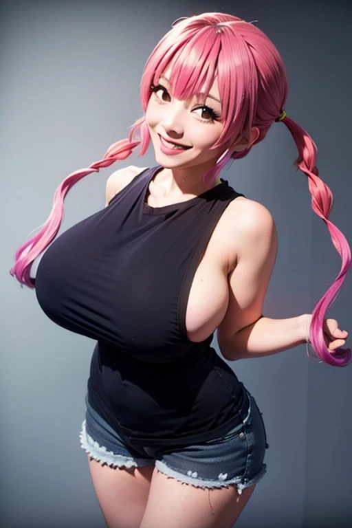 Ilulu-chan 
Sensual beautiful woman pink hair pigtails slender body big boobs very tight black t-shirt almost transparent short jeans image 1.2 high resolution sensual smile detailed perfect with high resolution 12k