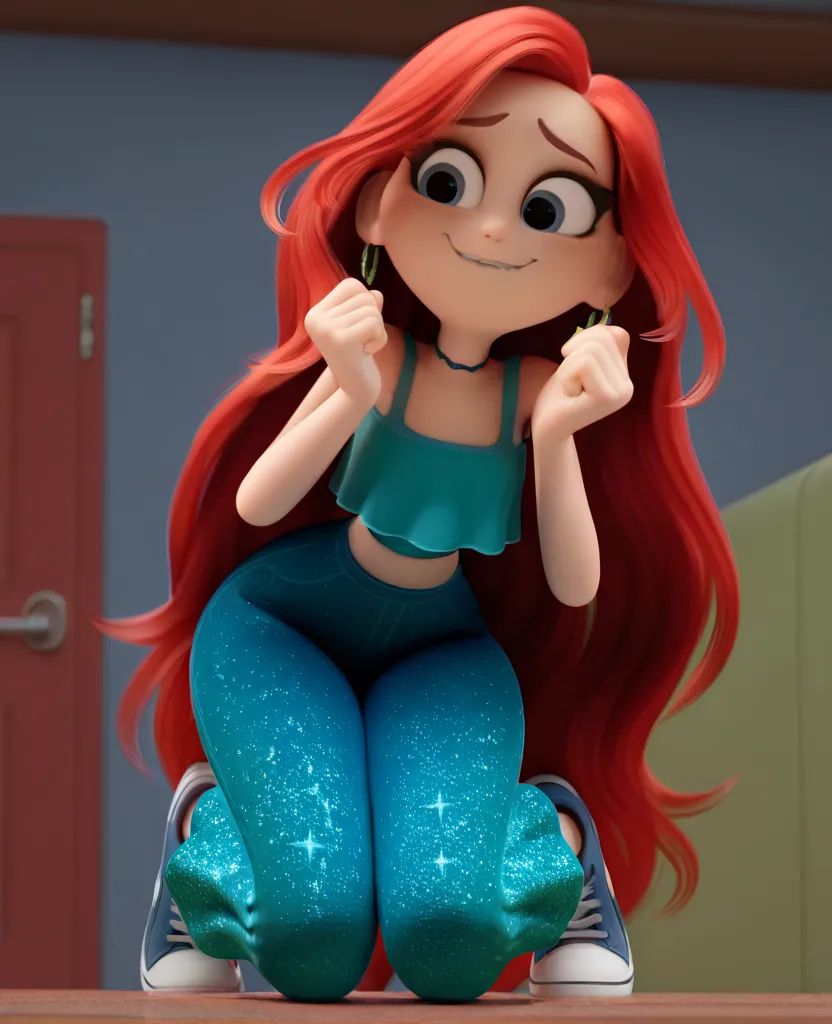 masterpiece, best quality, amazing quality, highres, absurdres, intricate detail, 3d, chelseatk, 1girl, long hair, red hair, blue eyes, crop top, choker, hoop earrings, sparkle pants, sneakers, ripped pants, nervous smile.