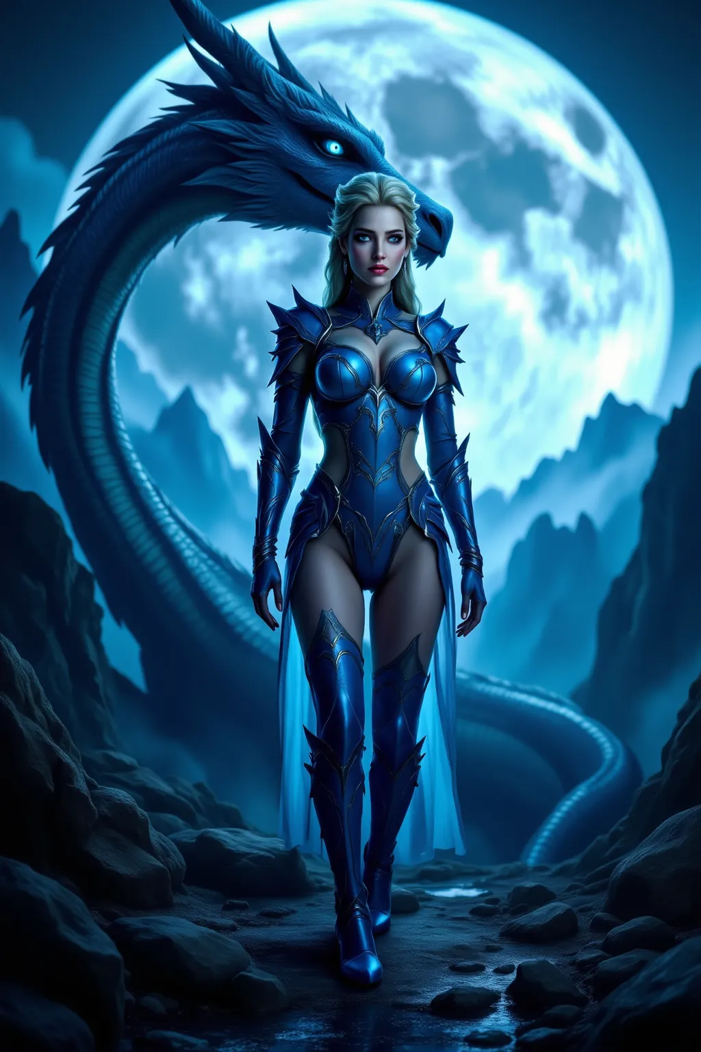 big boobs,perfect body,thin waist,shiny blue armor,shiny blue shoes,A huge dragon next to her,In the mountains where the big moon floats,realistic portrait,exquisite detail,Professional level,Goa Island,4K,HDR,Studio Lighting,vivid colors,Extreme Details,f...