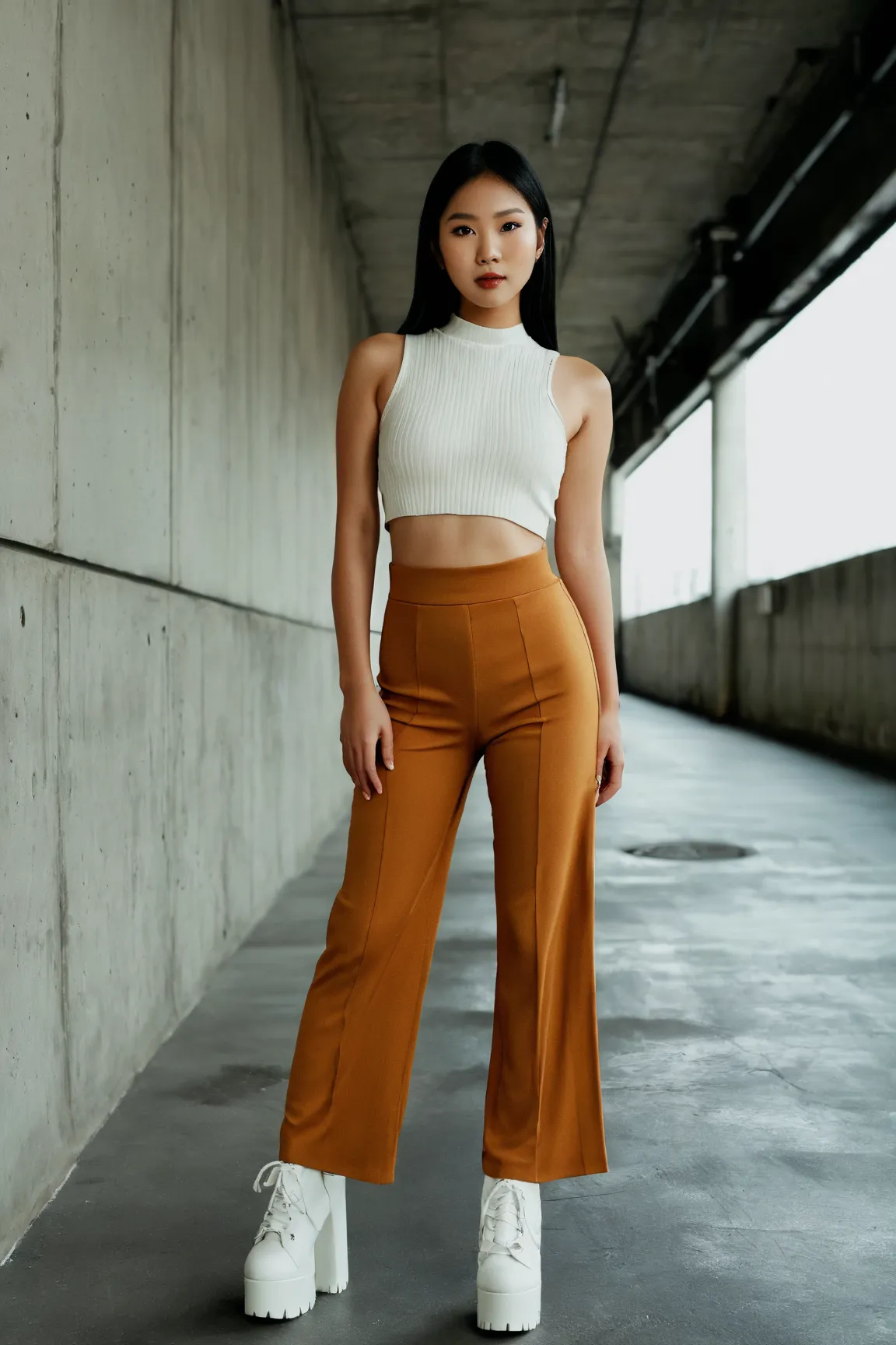 Fashion portrait of a young Asian woman with Indonesian/Chinese facial features, oval face shape, warm-toned skin, and straight black hair. Subject standing in an industrial concrete hallway wearing a white ribbed crop top, high-waisted brown flared pants,...