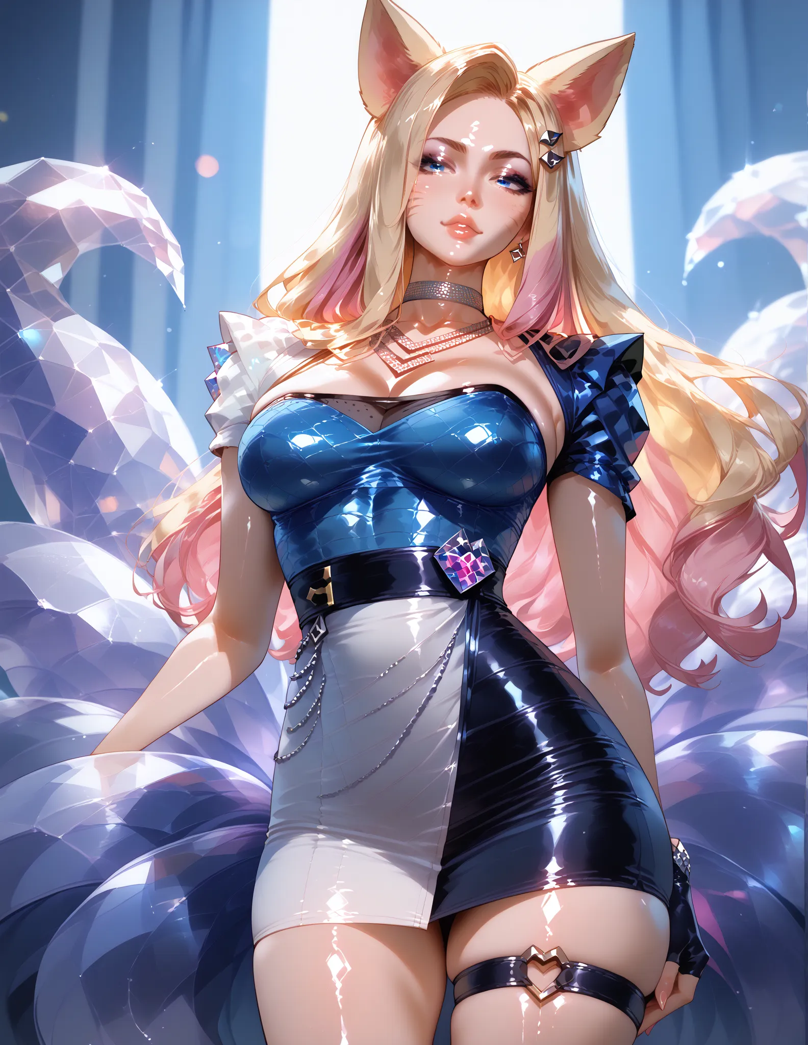 Ahrikdaallout, animal ears, face tag, fox tail, multiple tails, multicolored hair, long hair, blonde hair, pink hair, blue eyes, big breasts, makeup, hair ornament, choker, necklace, dress, sheer neckline, asymmetrical sleeves, fingerless glove, thigh stra...