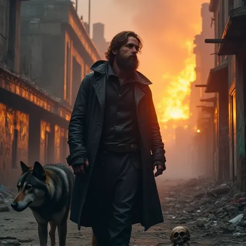  Cloak black leather raincoat Bearded mountain man, middle part hair, with brown, kind eyes, expressing the sentiment of being a stranger in his own town, accompanied by a loyal gray wolf, exploring the war-torn ruins of an old city, evoking sadness and th...