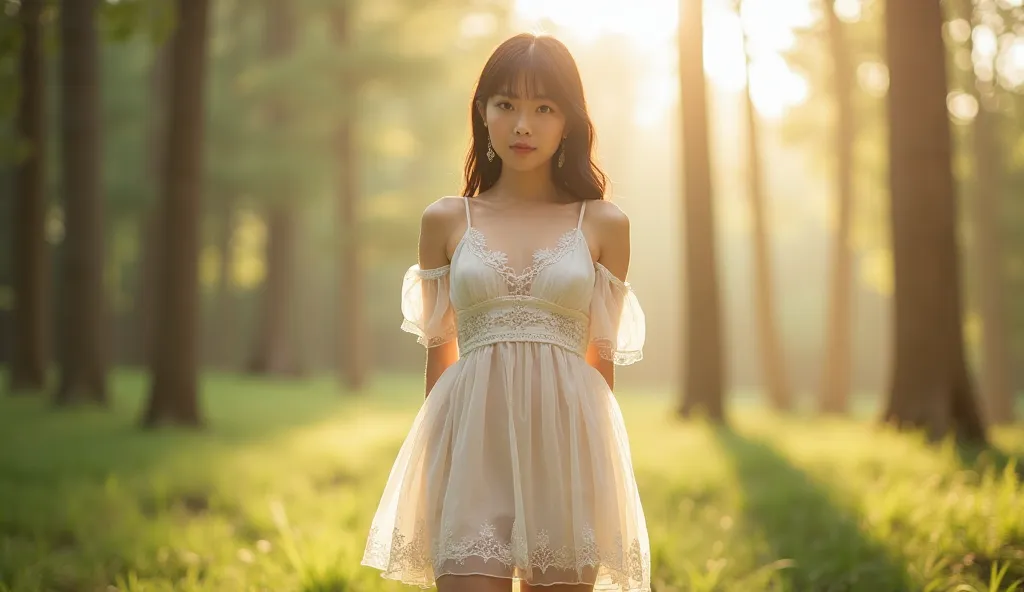 Photorealistic，Ultra high definition，Highest quality，Best Quality，8k，RAW Photos，Super detailed，Ultra-high resolution，(Amazingly cute Japanese real girl)，whole body，1 person，Facing forward，Early morning in the forest，Bright sunlight pours in，Backlight，White...