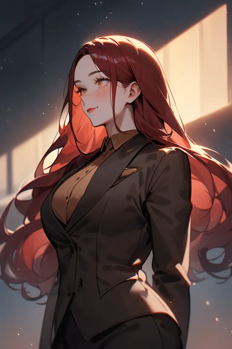 "A striking character with long, dark red hair flowing smoothly down their back, each strand catching the light with a subtle sheen. Their golden, almond-shaped eyes glimmer with warmth and curiosity, framed by long, delicate lashes. A faint blush dusts th...