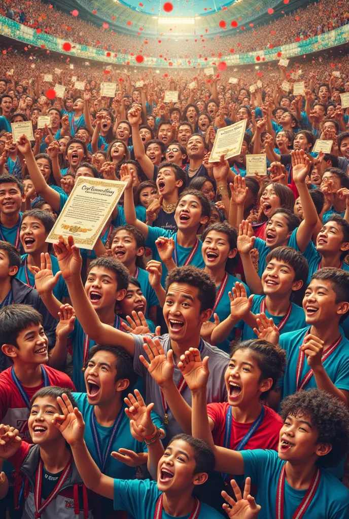 I want to create a Facebook cover photo of hundreds of people collage holding certificates, wearing medals, winning games