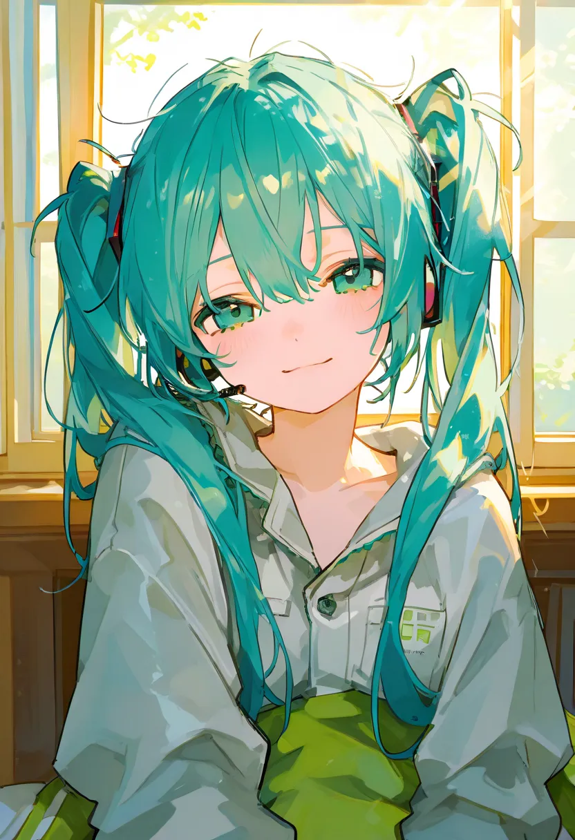 score_9, score_8_ up, score_7_ up,  Source_  Anime Break 1 Girl,  Hatsune Miku ,   With bangs,  long hair,  twin tails、 green eyes、sunlight thru Japanese window, beautiful! Detailed messy hair, upper body, tired, looking at viewer, pov, slight smile 