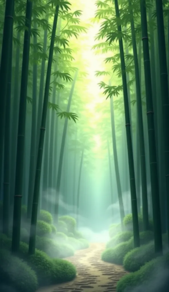 A dense bamboo forest with mist rolling through, sunlight filtering down through the tall, green stalks