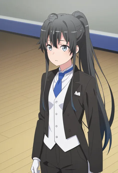 yukino yukinoshita, 1girl,solo,black hair,gradient hair,ponytail,blue eyes,small breasts,
black jacket,white formal,blue necktie,white shirt,black pants,white gloves,