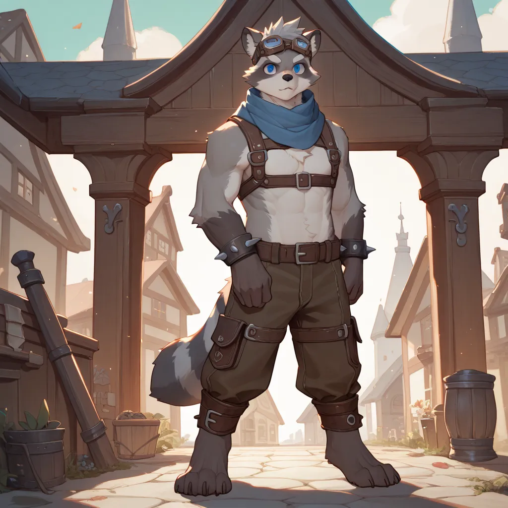 solo, furry, kemono, raccoon, grey body, spiked grey hair, Detailed body fur, long blue scarf, a leather harness wrapped around one's body, dark brown baggy pants, goggles, masterpiece, gray body, Detailed face, big eyebrows, blue eyes, detailed eyes, eye ...