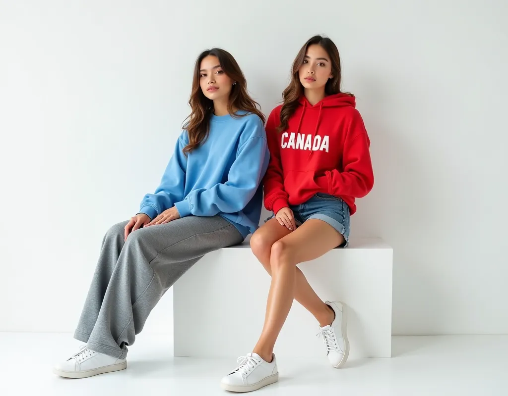 girl wearing winter blue sweat shirt  , another girl weaing red canada hoodie ith shorts and white sneakers, oversize gray pants ,posing for photo , sitting on white block,  white background , full body , high quality 