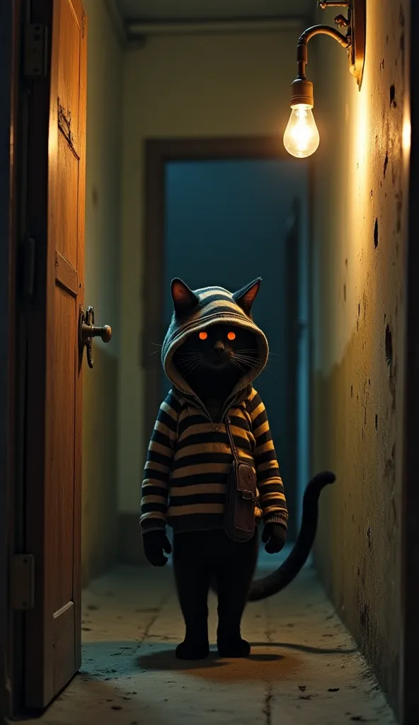 "A large black alley cat, dressed like a thief, is approaching an old, poor man's room. The cat wears a striped burglar outfit, a small mask over its eyes, and a tiny sack slung over its shoulder. Its size is unusually big, making it look more intimidating...