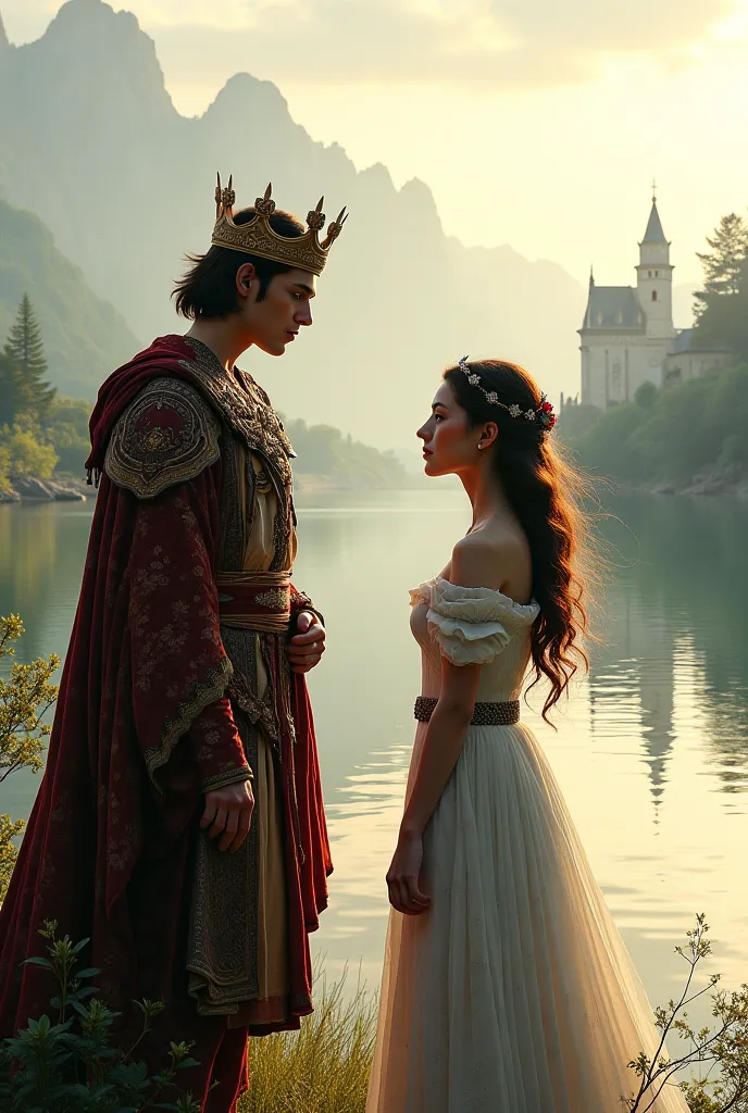 A 20-year-old king next to a river that is close to a kingdom and an 18-year-old woman next to the river 