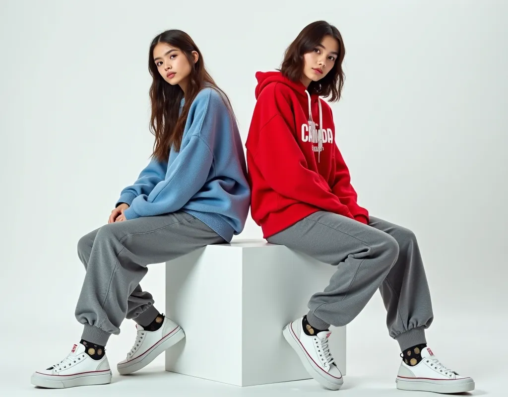 girl wearing winter blue sweat shirt  , another girl wearing red canada hoodie and white sneakers, oversize gray pants ,posing for photo , sitting on white block,  white background , full body , high quality 